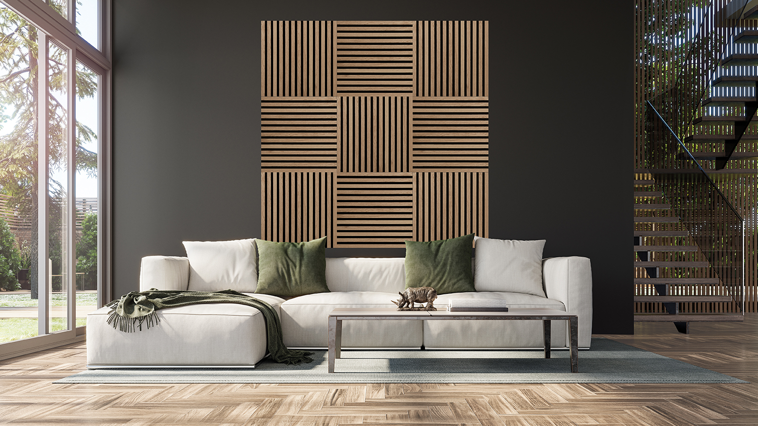 Modern,Interior,Design,With,Staircase,And,Empty,Black,Mock,Up PREMIUM Akustiikkapaneeli